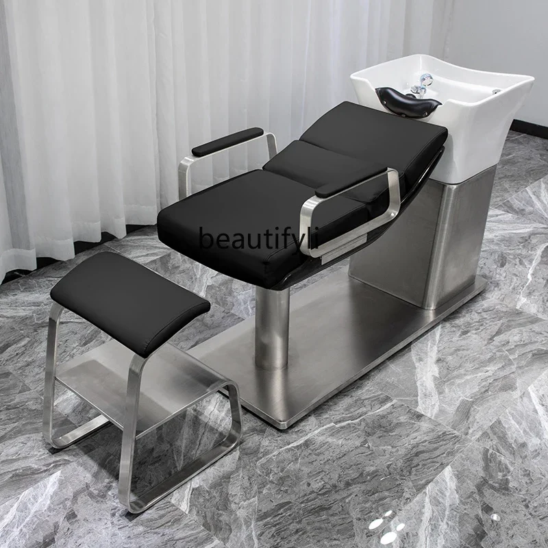 High-End Barber Shop Shampoo Chair Ceramic Deep Basin Silicone Massage Pillow Flushing Bed Lying Half