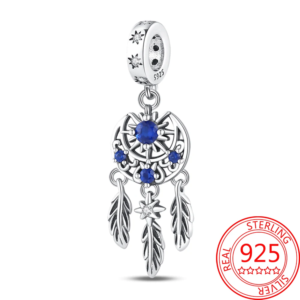 

Fantastic Jewelry 925 Sterling Silver Blue Gem Star Moon Feather Pendant Dream Catcher Net Fit Pandora Bracelet Dating Gifts