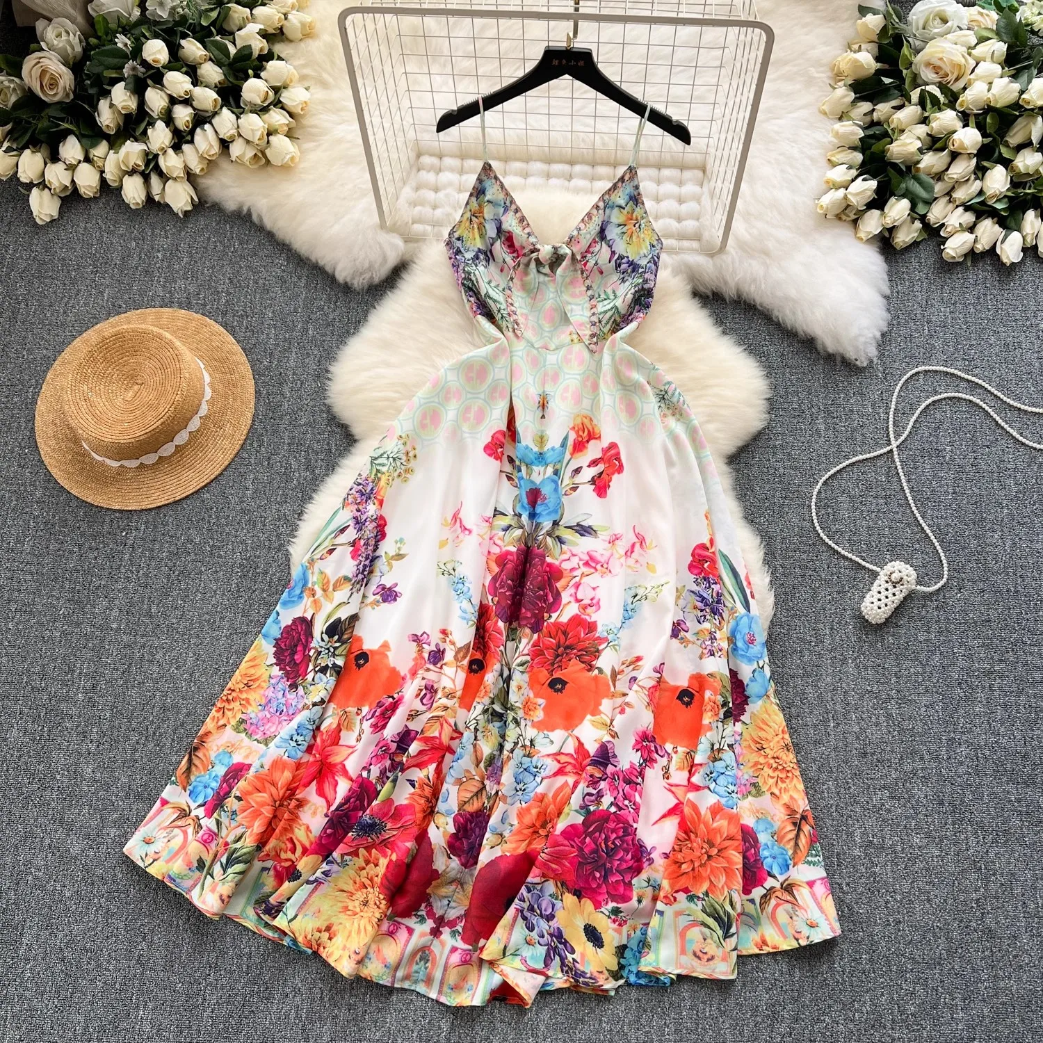 

Summer Runway Holiday Flower Printed Bowknot Midi Dress Women's Spaghetti Strap Backless Zipper Beach Long Party Vestidos 6846