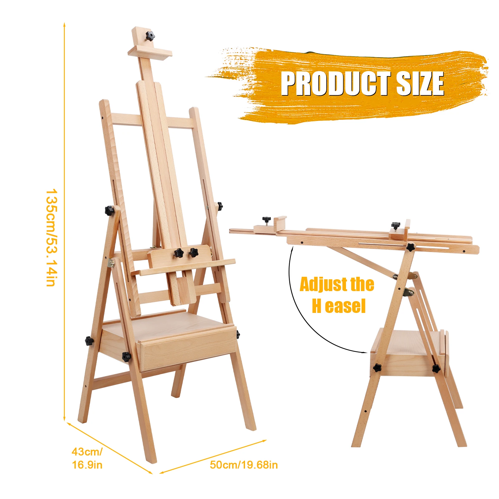 H Frame Easel, French Easel with Casters, Solid Beech Wood Easel, Painting Canvas Holder Stand, Tilts Flat Artist Height