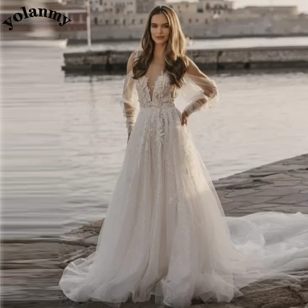 

YOLANMY Delicate Wedding Dresses Scoop Long Sleeves A-Line Pleat Formal Bridal Gown Vestido De Casamento Customised For Women