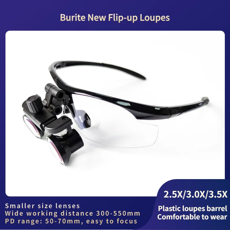 

Burite New Flip-up Galilean Wide Working Distance 300-550mm 2.5X/3.0X/3.5X Magnifying Dental Medical Surgical Loupes（FDJ-22)