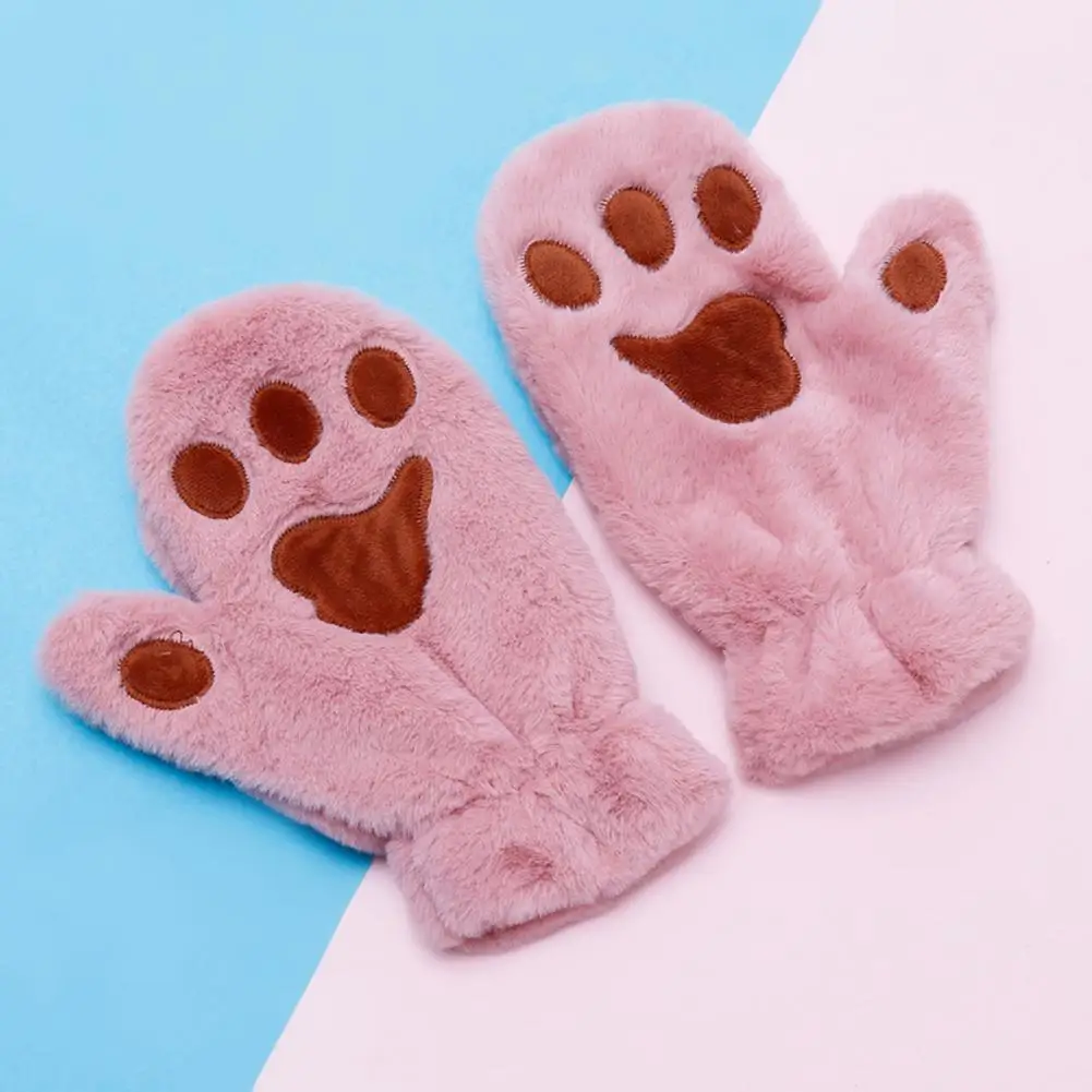 Student Gloves Warm Cozy Cartoon Cat Paw Mittens for Women Thick Plush Winter Gloves with Anti-slip Grip for Skiing Cycling Fun