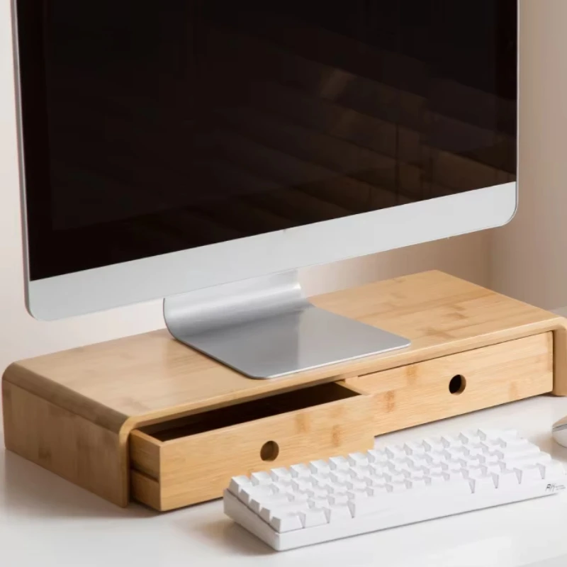 Supporto per monitor in bambù a 2 ripiani, organizer da scrivania e accessori, supporto per computer portatile, con accessori regolabili
