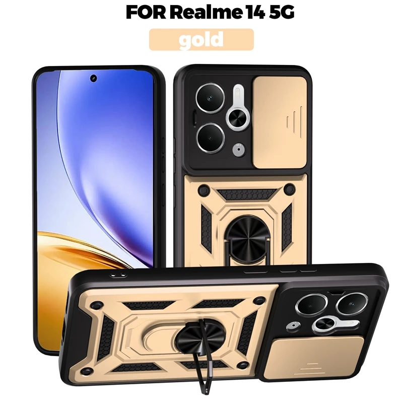Enhanced Slide Camera Protection Phone Case with Magnetic Ring Holder and Armor Back Cover