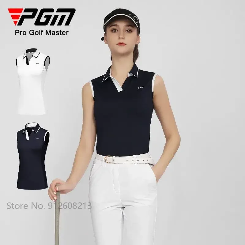 PGM Summer Women Slim Golf T-shirts Quick-dry Sleeveless Golf Vest Female V-neck Tank Tops Breathable Casual Sportswear S-XL