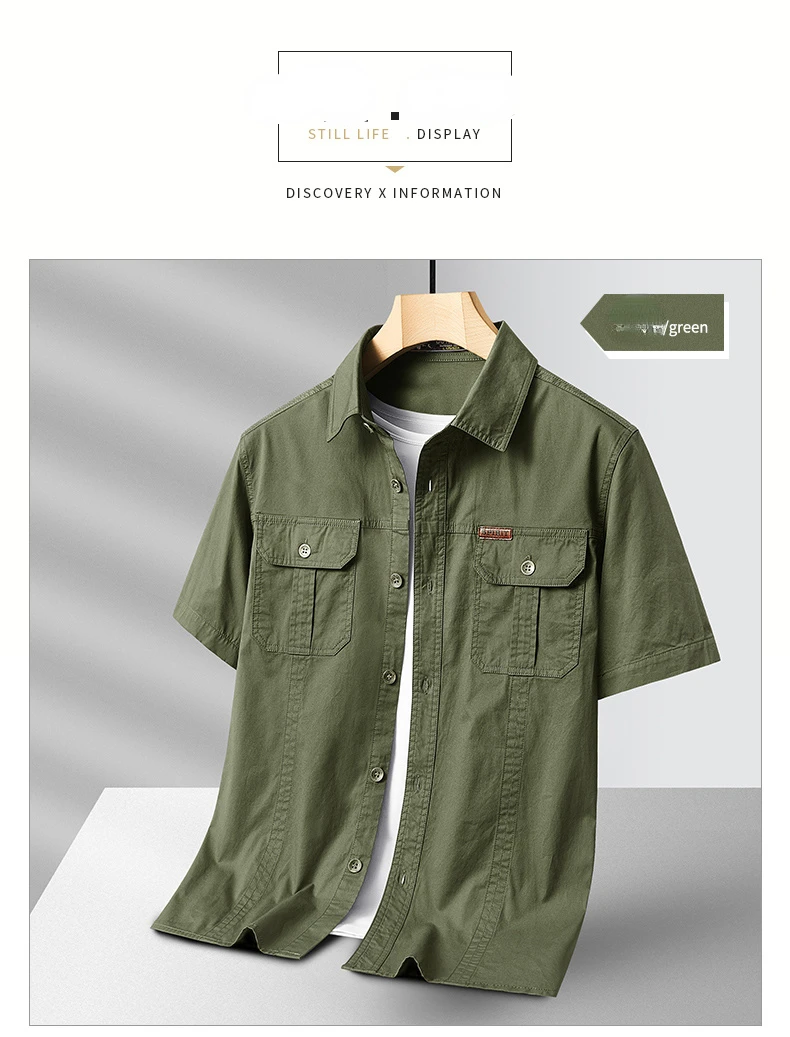 Men’s 100% Cotton Summer Short Sleeve Shirt Breathable Sweat Absorbing Pocket Work Shirt CyberStreetOne green