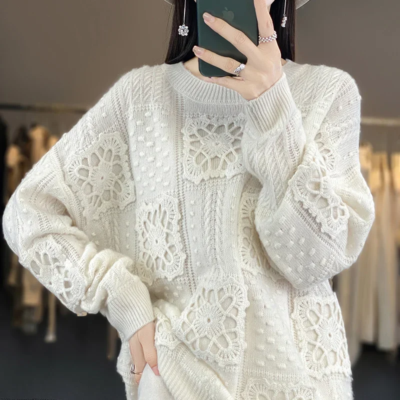 

100% pure sweater women's round neck knitted sweater hand-crocheted bottoming shirt new loose heavy cashmere top
