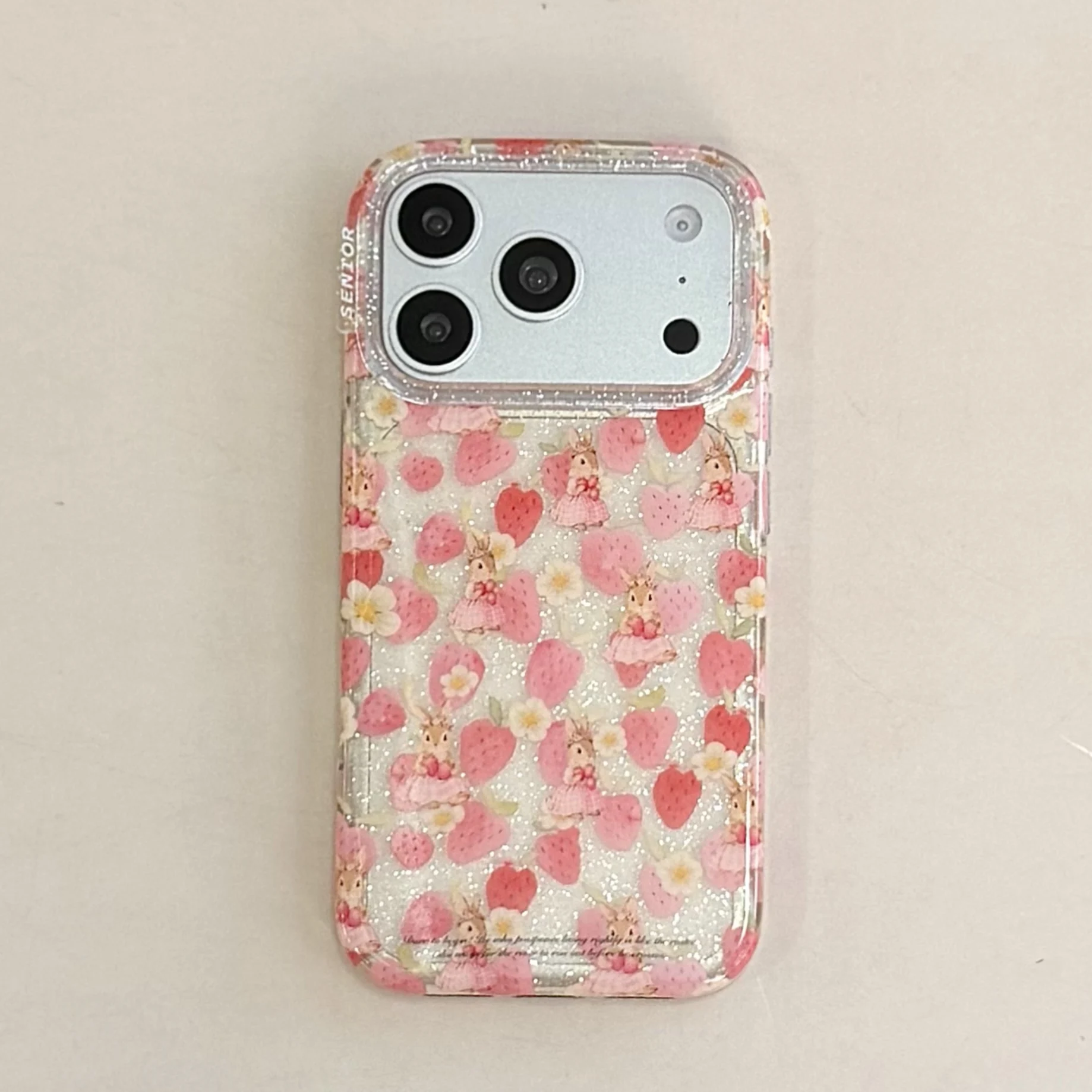 Charming Beaded Lanyard with Strawberry & Bunny Design - Sweet Clear Phone Case Back Cover