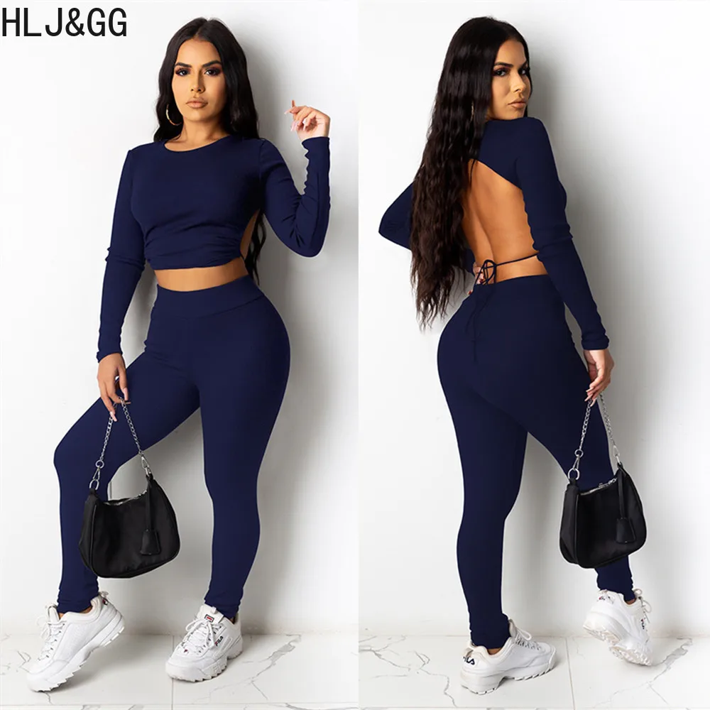 HLJ&GG Casual Solid Ribber Legging Pants Two Piece Sets Women O Neck Long Sleeve Backless Crop Top+Pants Lady Sporty 2pcs Outfit 2pcs set new luxury designer women belt pu leather female fashion metal belt buckle waistband high quality trend belt for lady