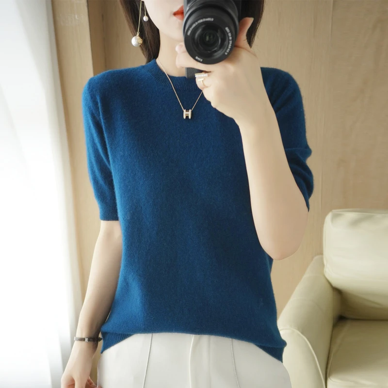 

Spring and Summer New Short-sleeved Women O-neck Slim Wool Cotton Blend Pullover Vest T-shirt Knitted Base Sweater