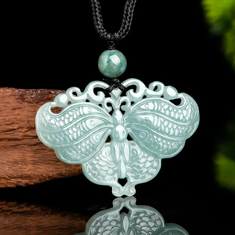 Jia Le/ Hand-carved/Myanmar Blue Water Jade Butterfly Emerald Necklace Pendant Fashion Personality Men and Women Couple Gift