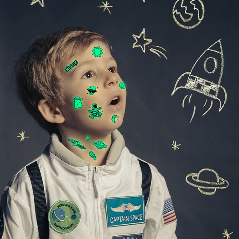 Luminous Tattoo Stickers Children Cartoon Universe Space Temporary Tattoo Glow Paste On Face Arm Leg For Kids Gift 10 Sheets/Set