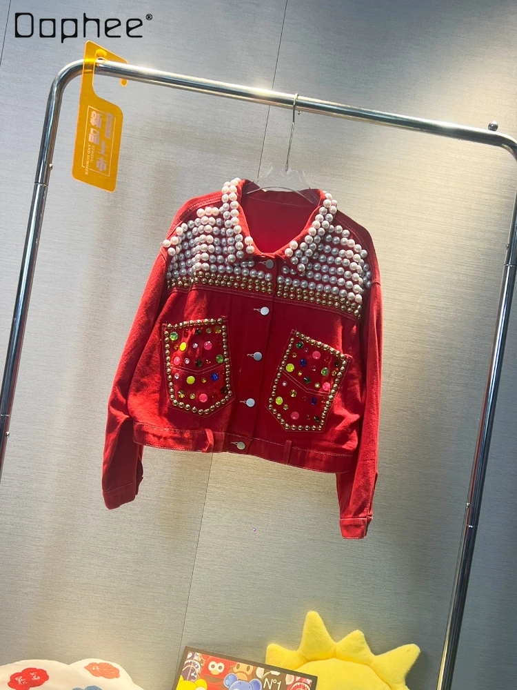 

Streetwear Beads Rhinestones Red Jean Jacket for Women 2023 Spring and Autumn New Women's Fashion Loose Rivet Short Denim Coat