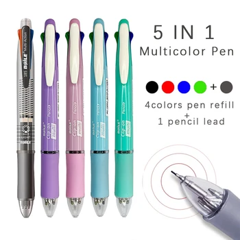 5 In 1 Multicolor Ballpoint Pens 4 색 볼펜 1 학교용 지우개가있는 자동 연필 사무용품 문구 용품