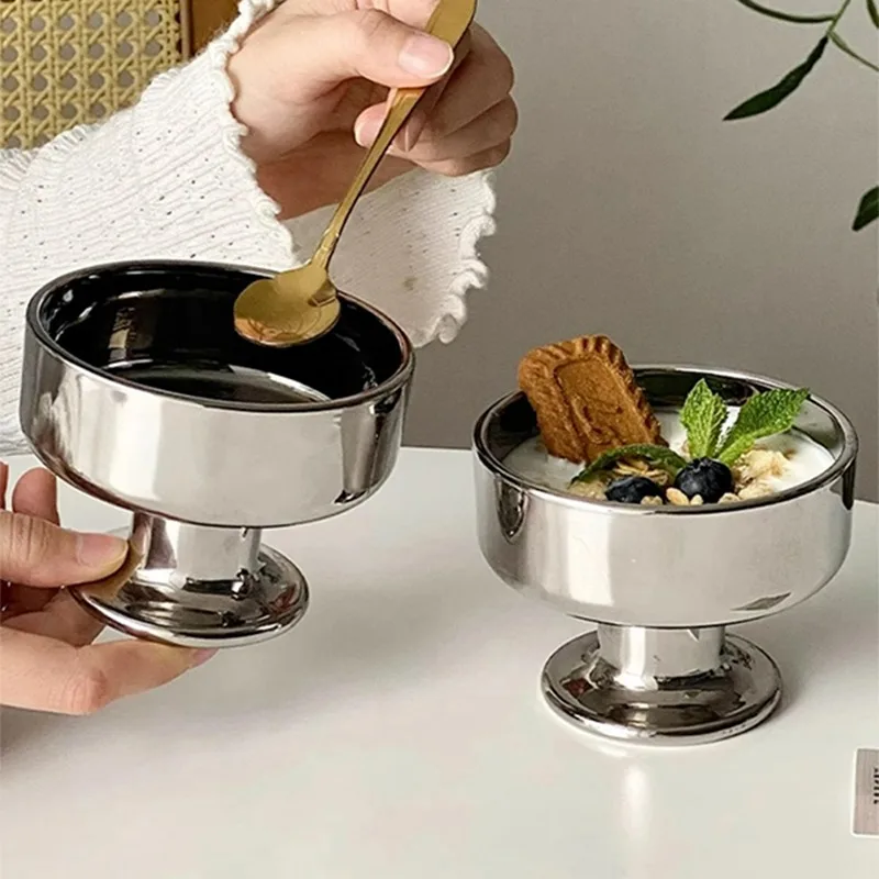 Silver Ice Cream Glasses Cups Short-legged Dessert Cup Laser Silver Glass Water Cup Antique Coffee Cups Beverage Glasses