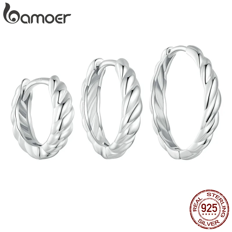 

BAMOER 925 Sterling Silver Twisted Rope Huggie Earrings, White Gold Plated Lightweight Round Hypoallergenic Hoop Earrings