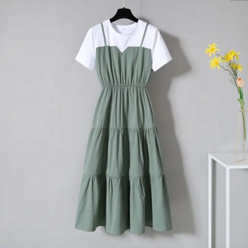

Sling Fake Two-piece Dress Female Summer New Plus Size Fashion Waist Slim Short Sleeve A-Shaped Long Dresses Female Vestidos 4XL