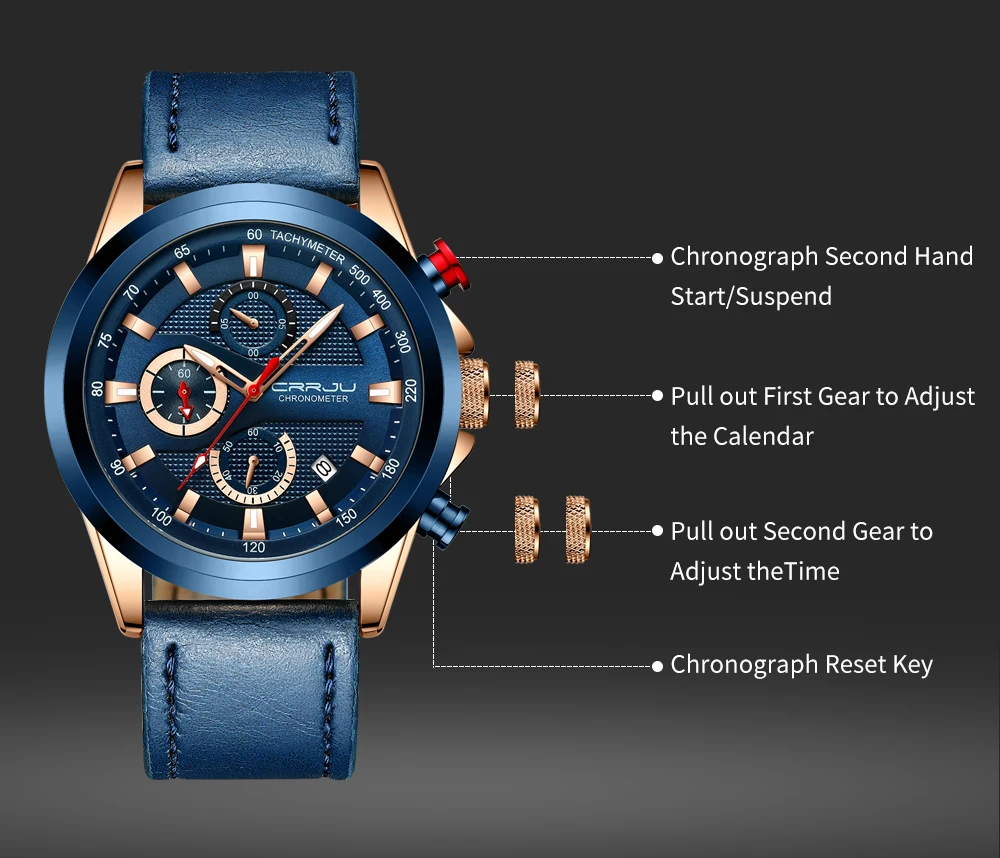 Modern urban chic men's sport watch with 3Bar water resistance and calendar features.