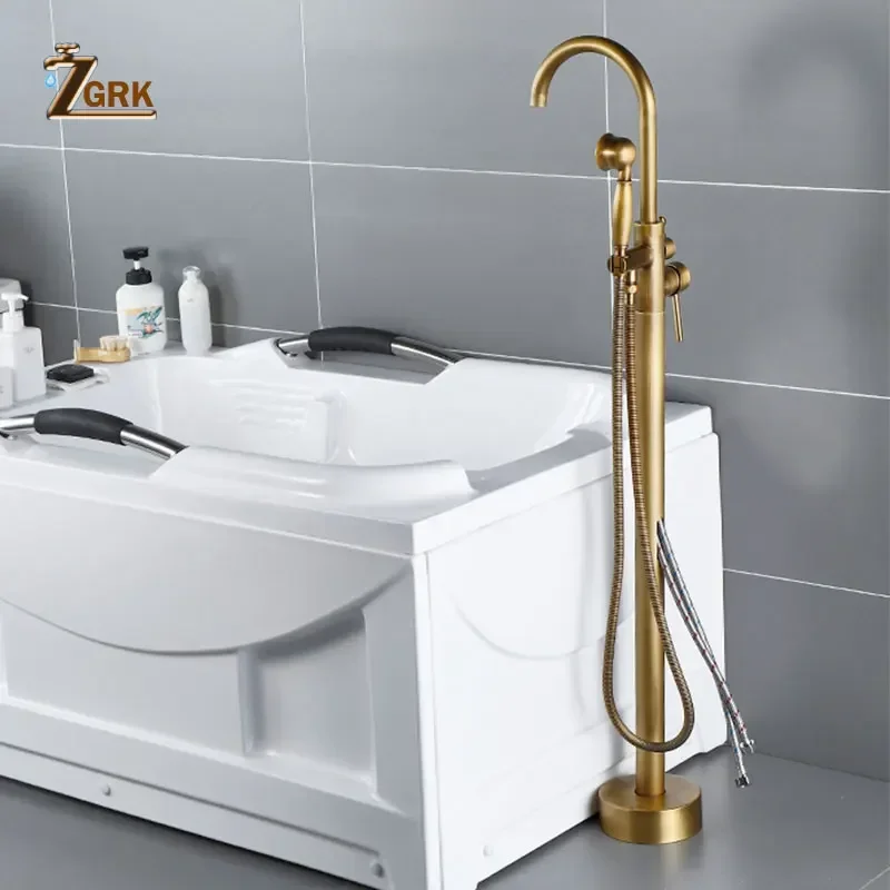Antique Brass Bathtub Faucet Floor Mounted Swive Spout Tub Mixer Tap with Handshower Handheld Bath Shower  Water Set