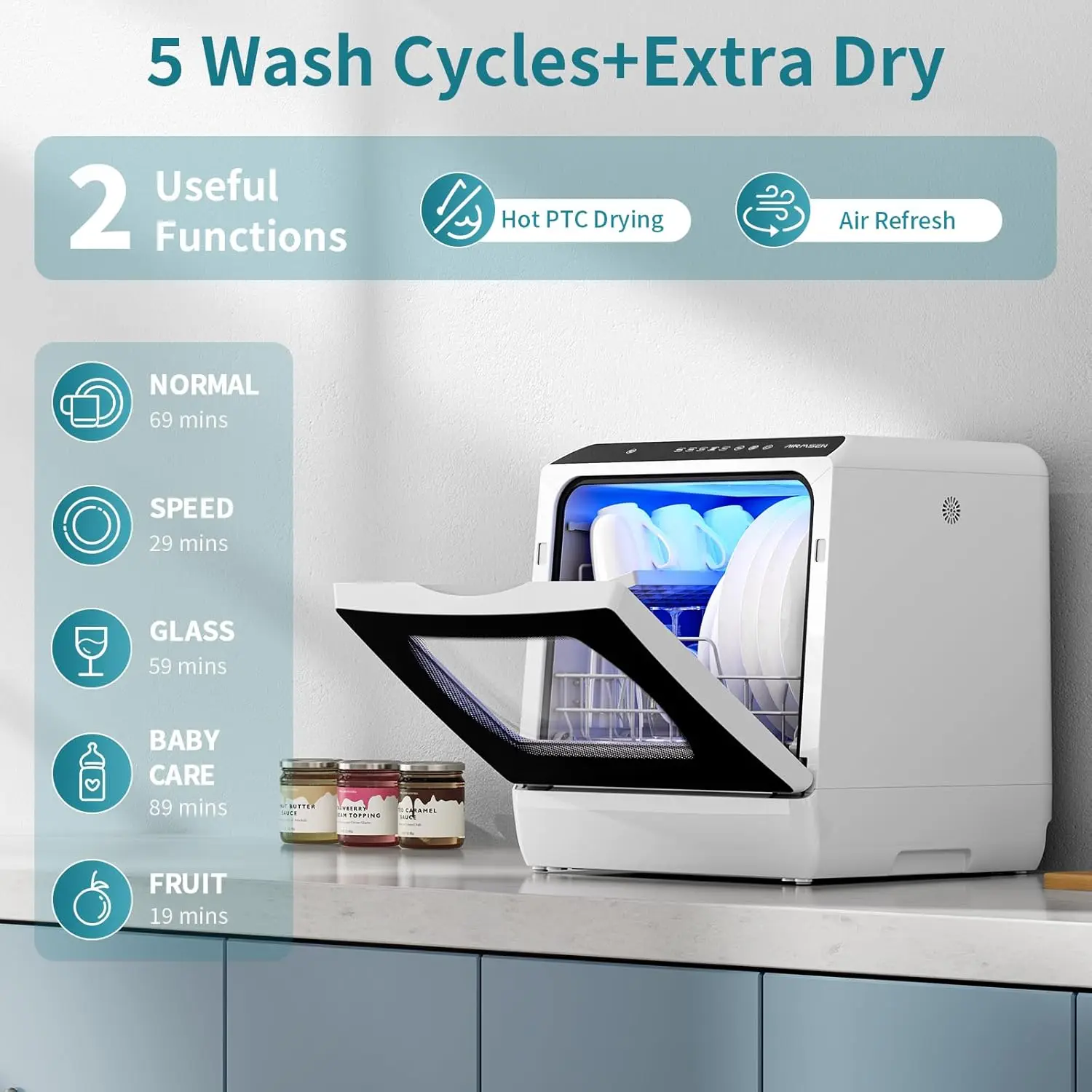 Portable Countertop Dishwashers, 5 Washing Programs Mini Dishwashers with 5 L Built-in Water Tank and Double-layered Glass Door 2