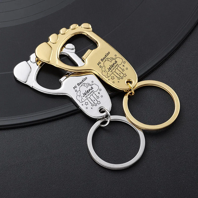 Baby Keychain Bottle Opener 20-80pc Personalized Baby Foot Shaped Keychain Bottle Opener Baby Shower Favor Boy Girl Birthday Party Souvenir Gifts For Guests