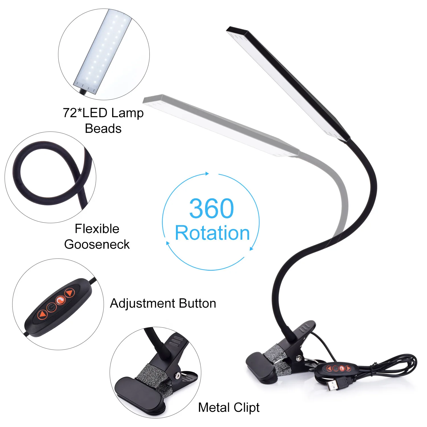 5W LED Clip on Desk Lamp with 3 Modes 11 Brightness  2M Cable Dimmer 14 Levels Clamp Table Lamp 3