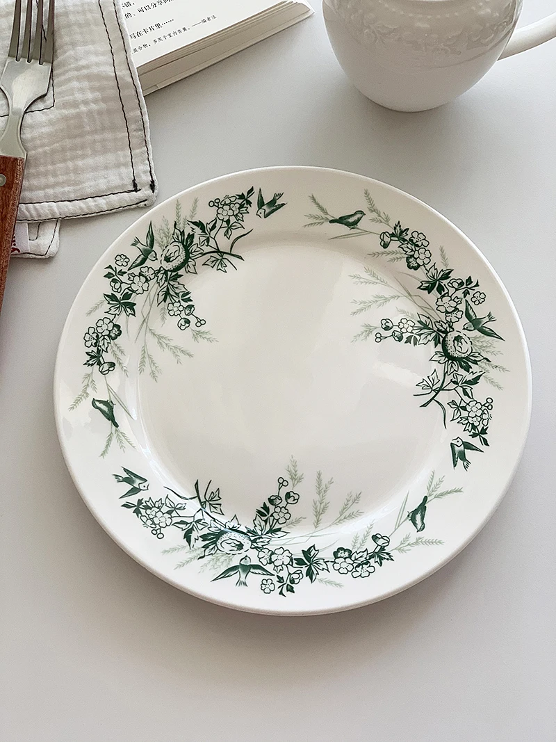 

French vintage flower and bird figure ceramic photography ornament plate dessert fruit western food plate
