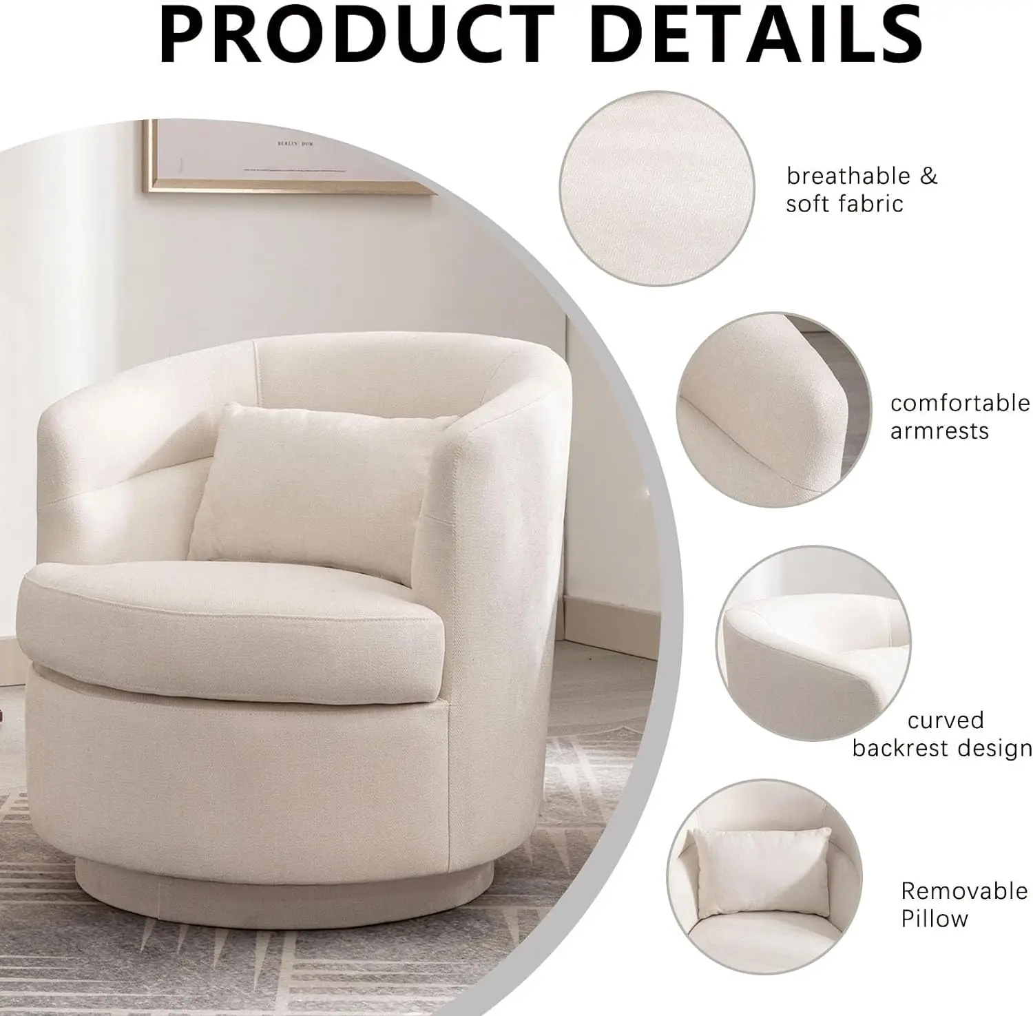 Modern 360 Degree Swivel Barrel Chair Round Accent Arm Sofa for Living Room Bedroom Comfortable Comfy Coffee Table Furniture