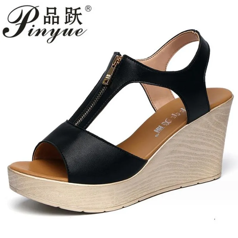 

8cm Women's Sandals Summer Shoes Solid Platform Wedges Sandal Woman Gladiator Front zip beach Sandals Plus Size 33-43