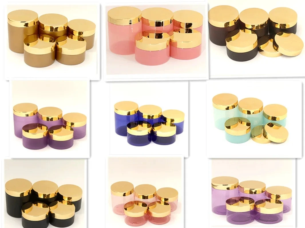 

30pcs New100/120/150/200/250g Empty PET Cream Jar Electroplated Gold Cap Cosmetic Facial Mask Container Refillable Storage Jar
