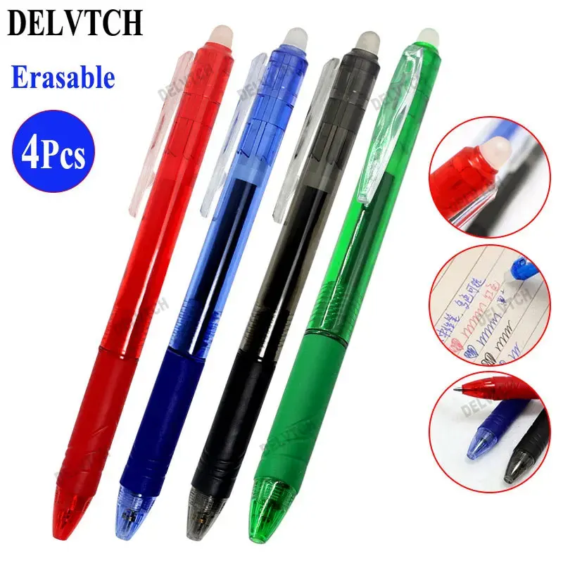 4Pcs/Set 0.7mm Erasable Gel Pen Retractable Handle Office School Writing Stationery Blue Black Red Ink Cartridge Refill Rods