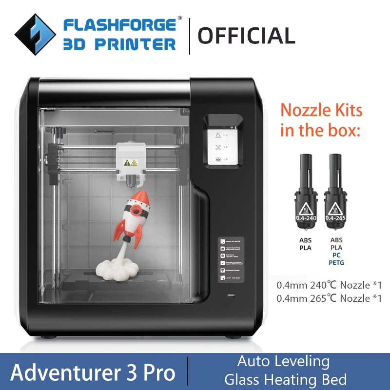 Flashforge 3D Printer Adventurer 3 Pro Auto Leveling Glass Heating Bed 265℃ Nozzle Wi-Fi Ultra-Mute Cloud Printing For Beginner