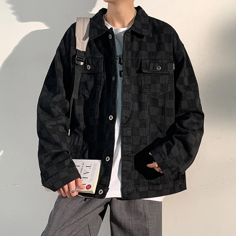Chessboard Plaid Jeans Jacket Men Autumn Black Denim Jacket Men Overalls Bomber Streetwear Man Clothing Oversized Outwear Coats