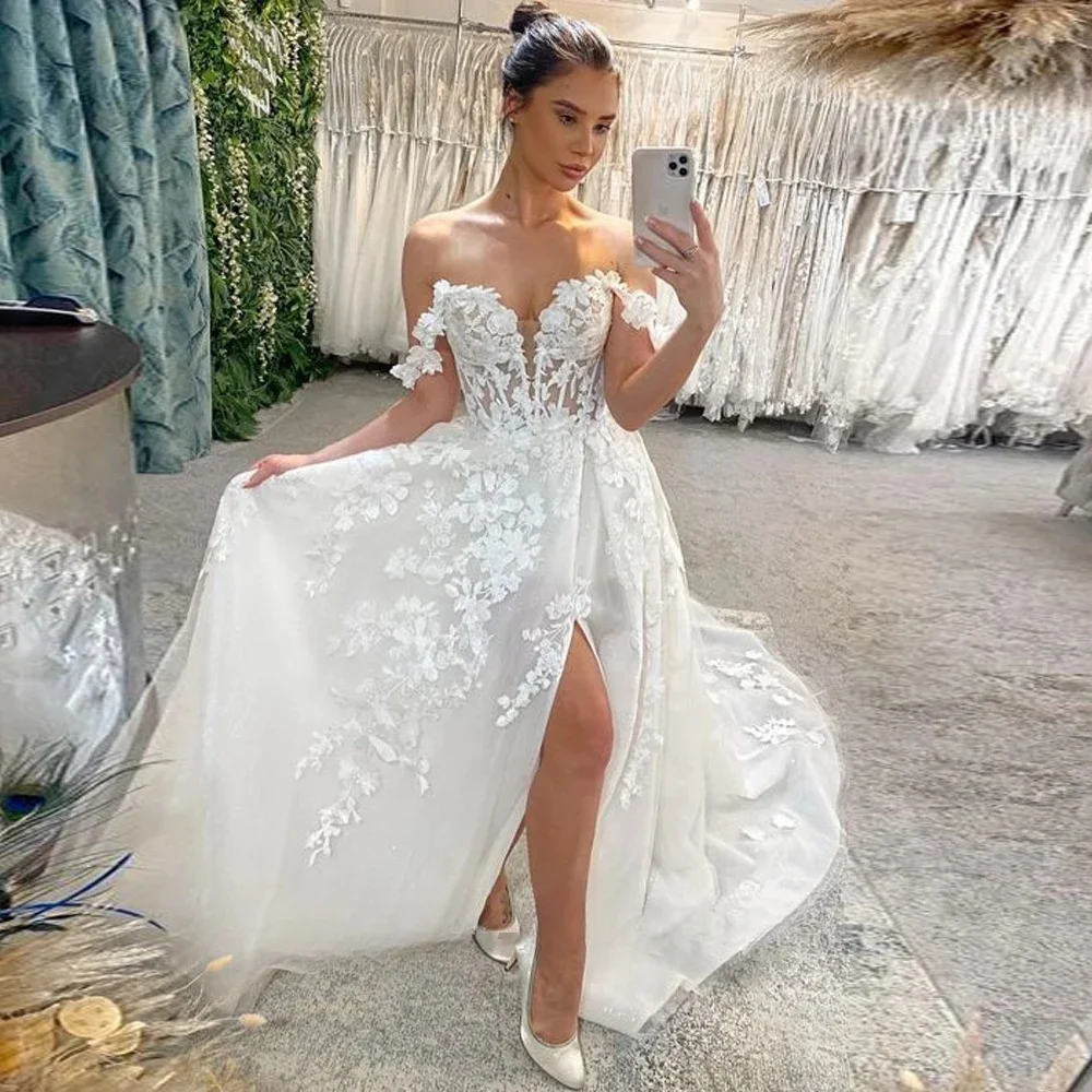 

Classic Elegant Wedding Dresses for Mariages Sparkly Tulle V Neck with Appliques Off The Shoulder Slit Zipper Bridal Gowns