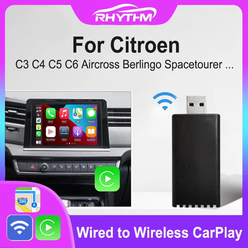 

Rhythm Wireless CarPlay Adapter for Citroen C3 C4 C5 C6 Aircross Berlingo Multispace Jumper Jumpy Spacetourer Berlingo Map Music