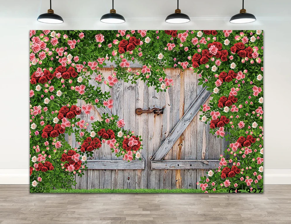 

Spring Photo Backgrounds Wooden Door Board Flowers Decoration Kids Children Birthday Party Portrait Photography Backdrops Props