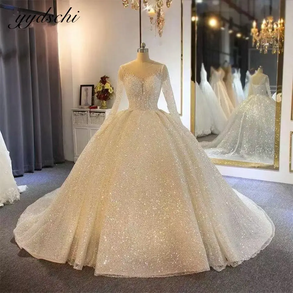 

Glitter Long Sleeves Wedding Dresses O-Neck Luxury A-Line Sequins Bridal Gown Princess Long Train Formal Party Gown 2023 Wedding