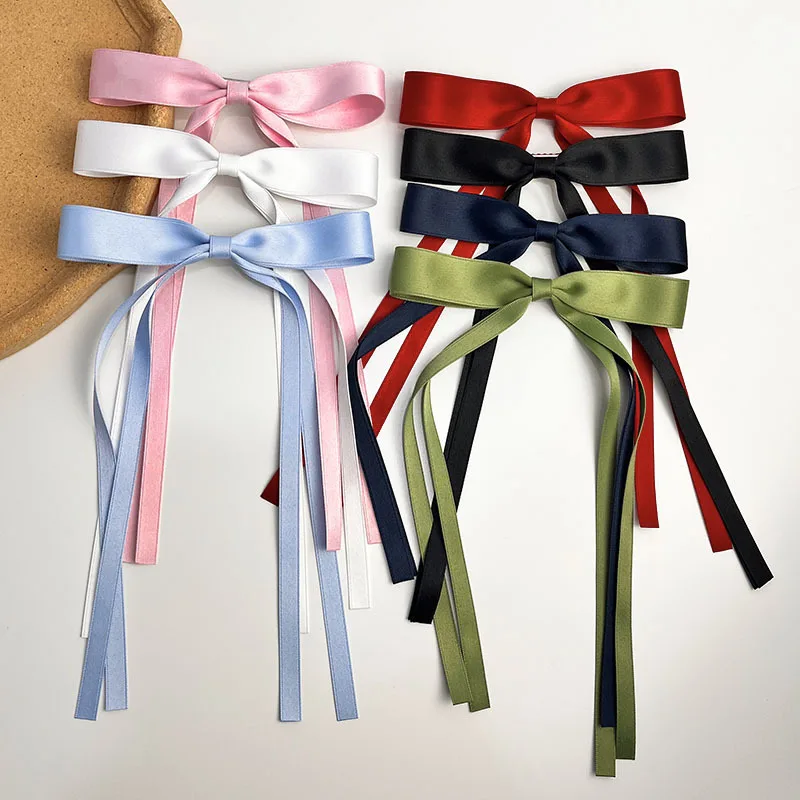 1PCS Solid Color Hair Clips For Girls Double Layer Ribbon Bow Ponytail Clip Braided Long Ribbon Hair Barrettes Hair Accessories