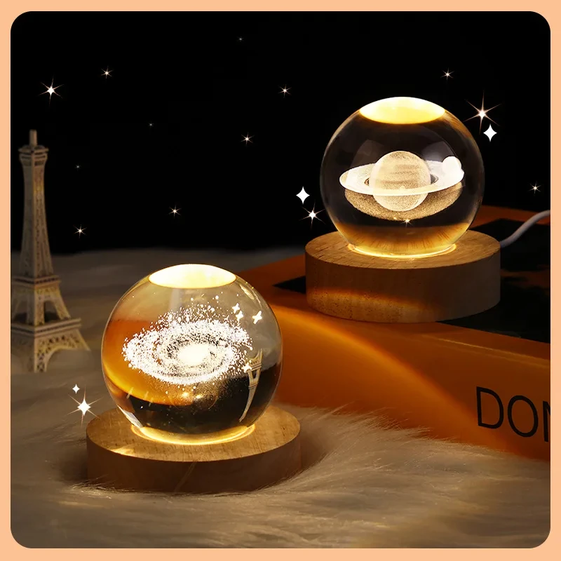 3D Crystal Ball Glass Planet LED Warm Night Light Laser Engraved Solar System Globe Universe Birthday Gift Wooden Base 6/8cm