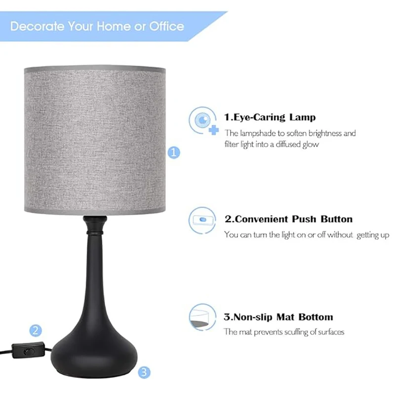 Bedside Nightstand Table Lamps, Modern Black Metal Base with Grey Linen Lampshade Desk Lamp, Small Lamp Set of 2 for Living Room 5