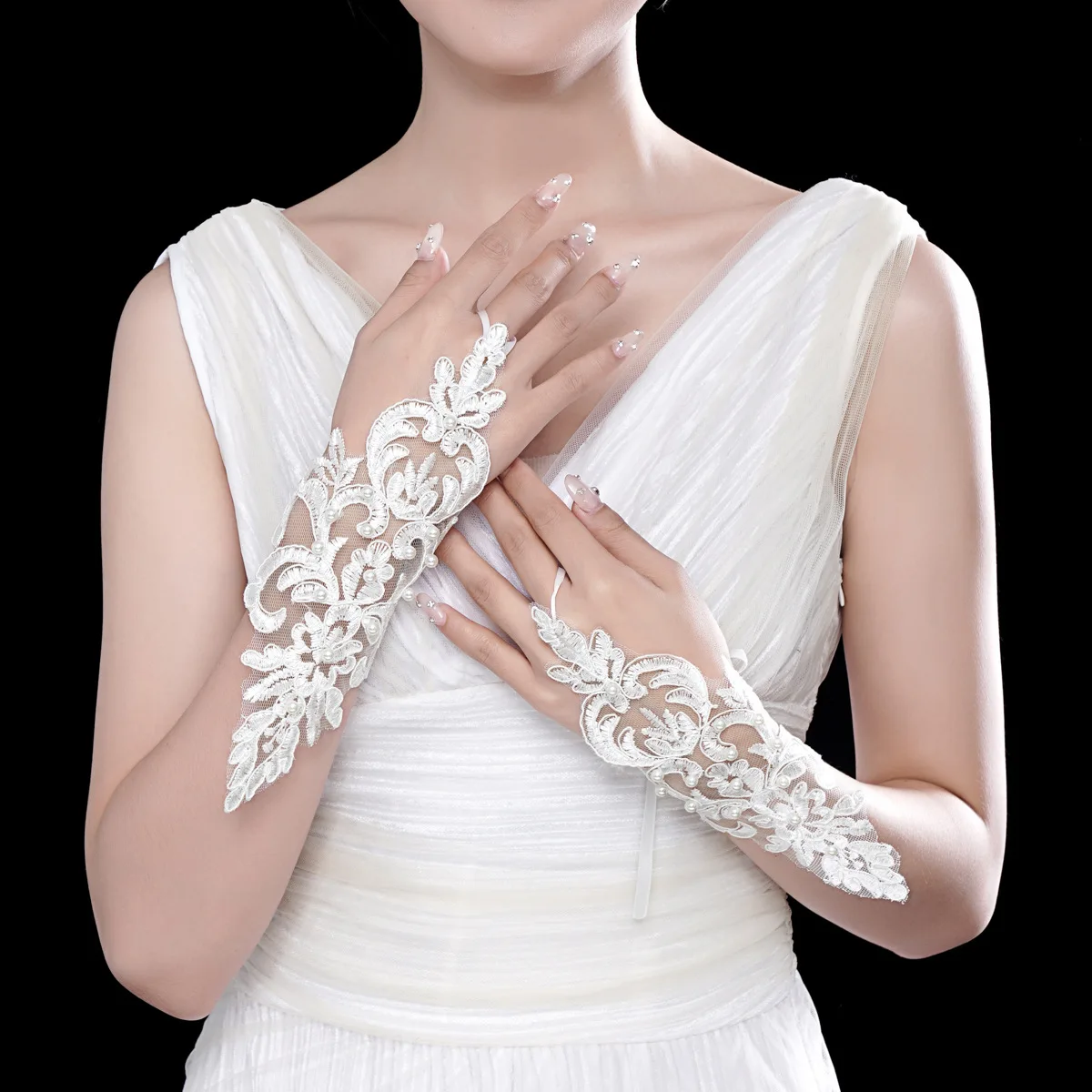 Beaded Lace Short Bridal Gloves Fingerless Wedding Gloves White Ivory Wedding Accessories Veu De Noiva for Women lace gloves wedding dress gloves wedding sleeve accessories