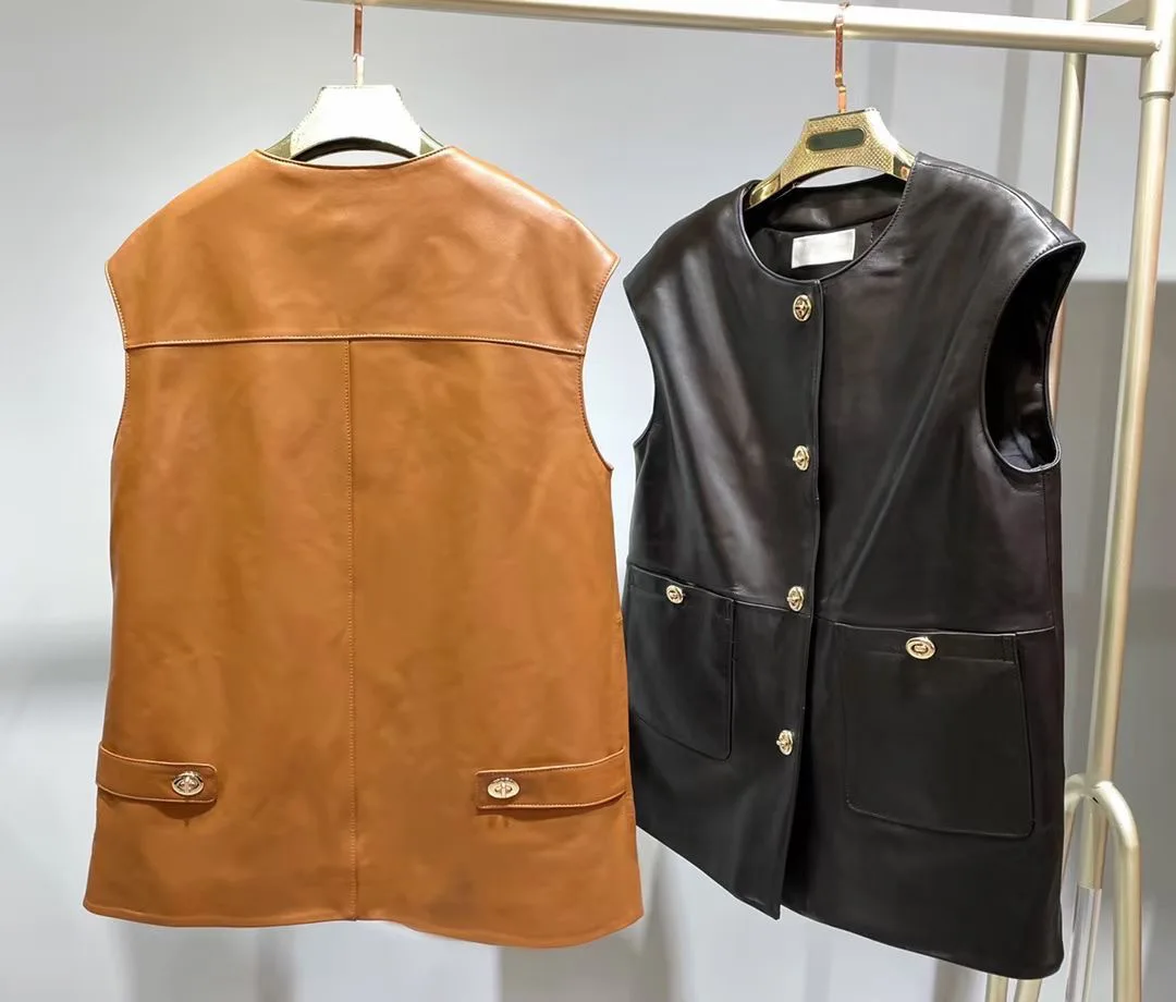 2023 Spring Autumn New Arrival Women Casual  Genuine Leather Vest O-Neck Simple Fashion Jacket