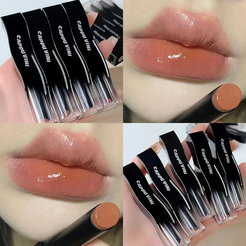 Black Tube Mirror Jelly Lipstick Waterproof Moisturizing Waterproof Solid Lip Gloss Lasting Nude Brown Red Lips Tint Makeup Cosmetic
