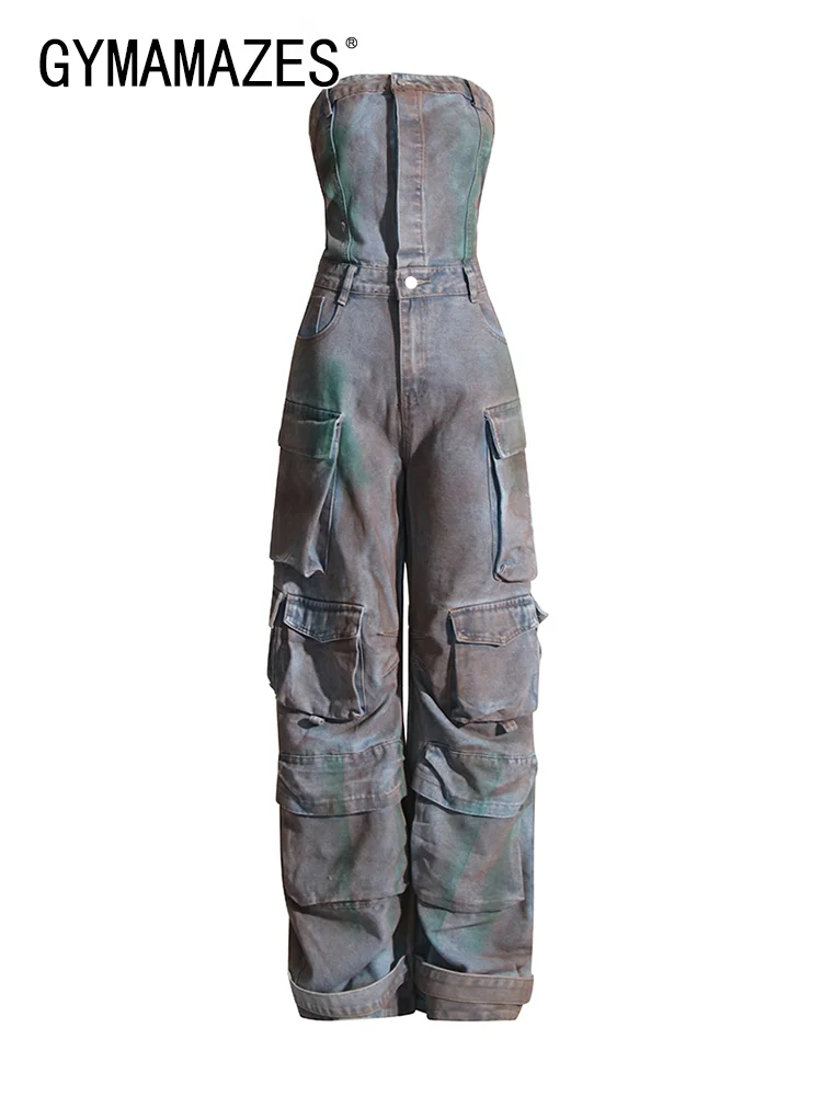 

GYMAMAZES Streeetwear Denim Jumpsuits For Women Strapless Sleeveless Off Shoulder High Waist Patchwork Pockets Jumpsuit Female