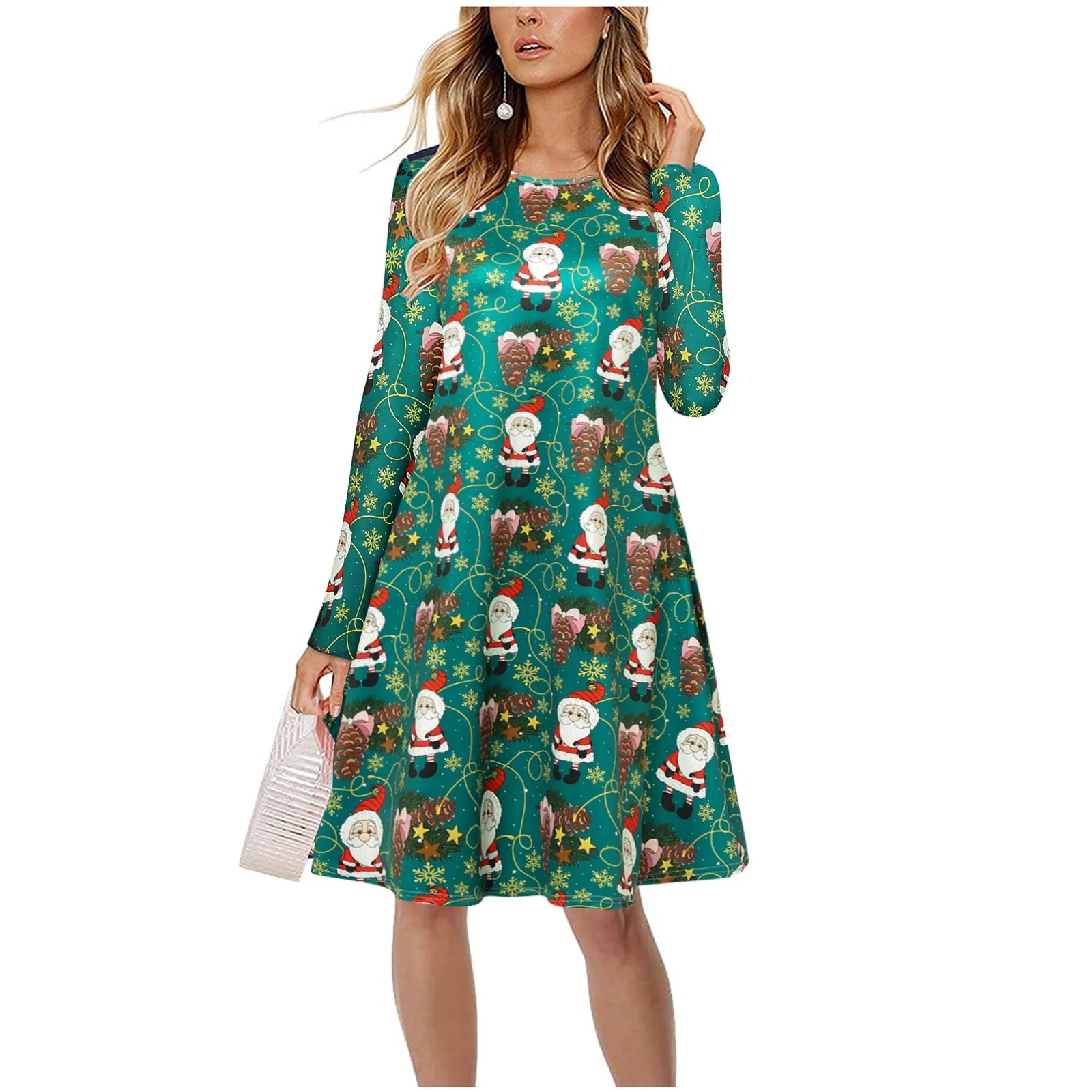 

2023 Women Christmas Party Dress Winter Snowflake Xmas Santa Print Dress Casual Long Sleeve Christmas Clothing Autumn Mini Dress
