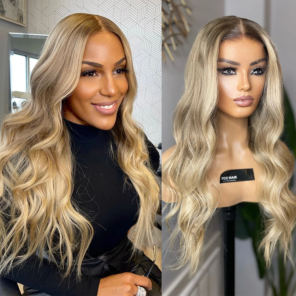 

28” Blonde Light Ash Brown Root Melting Wig 100% Virgin Human Hair Full Lace Wig 180 density HD 13x6 Lace Front Wig for Women