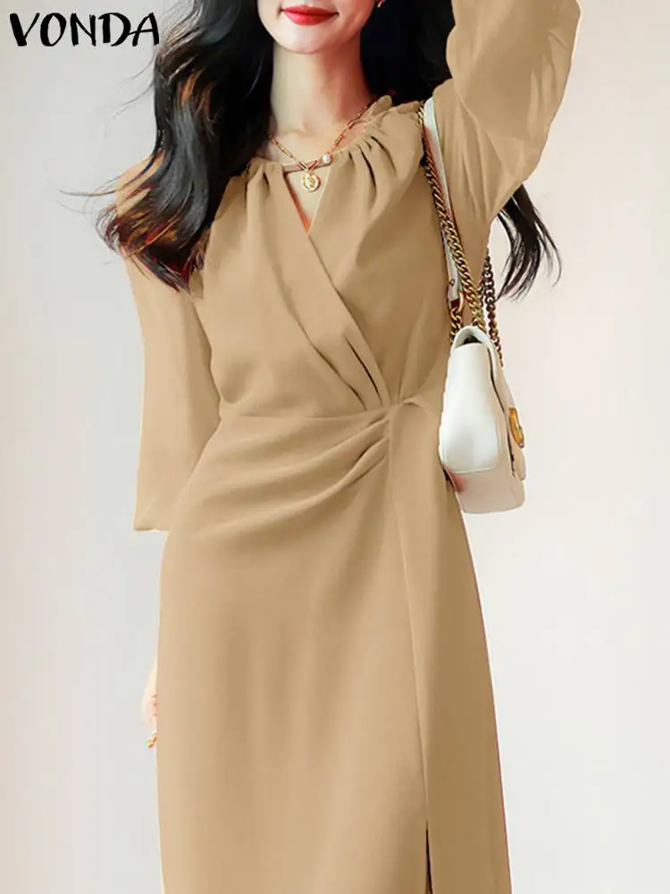 

2023 Oversized VONDA Elegant Women Shirt Dress Autumn Casual Long Sleeve Pleated Party Sundress Hem Split Solid Midi Vestidos