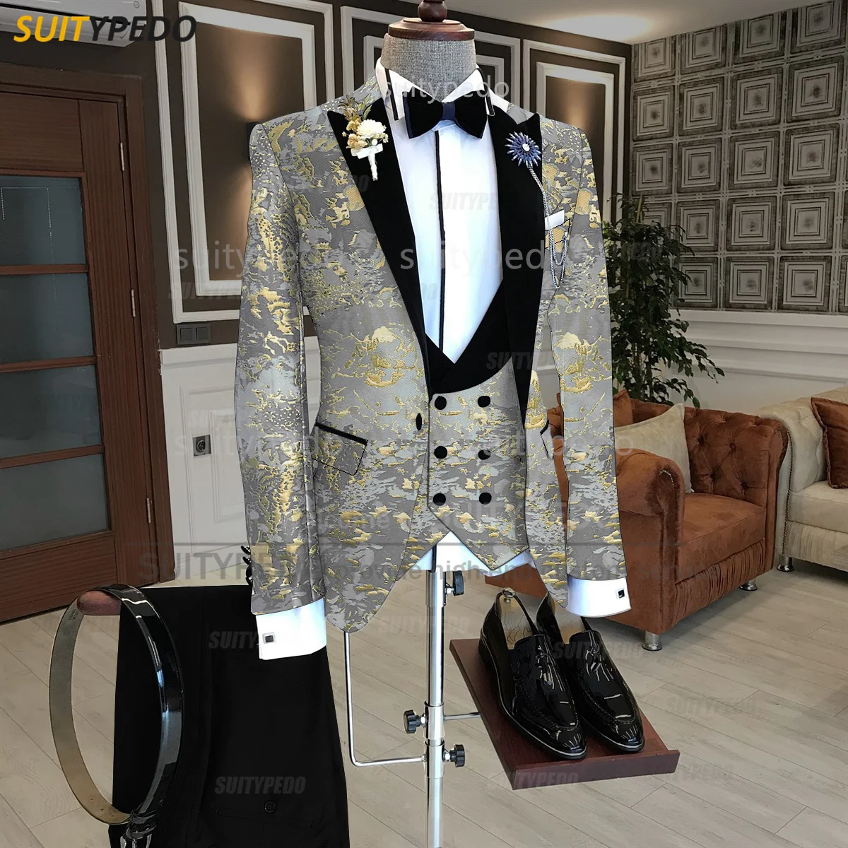 

Newest Men Suit Set Wedding Gala Groomsman Mariage Outfits Tailor-made Evening Party Fashion Velvet Lapel Blazer Vest Pants 3pcs