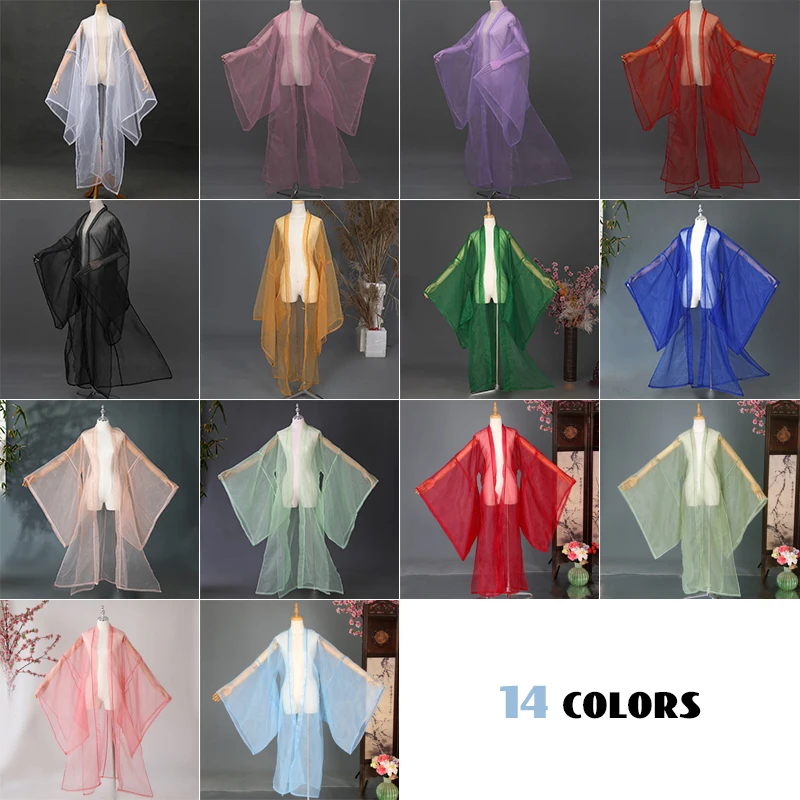 Dance Dress Chinese Traditional Costumes Stage Performance Costume Ancient Chinese Hanfu Solid Color Tulle Cardigan Wide Sleeve Coat Classical Folk Dance
